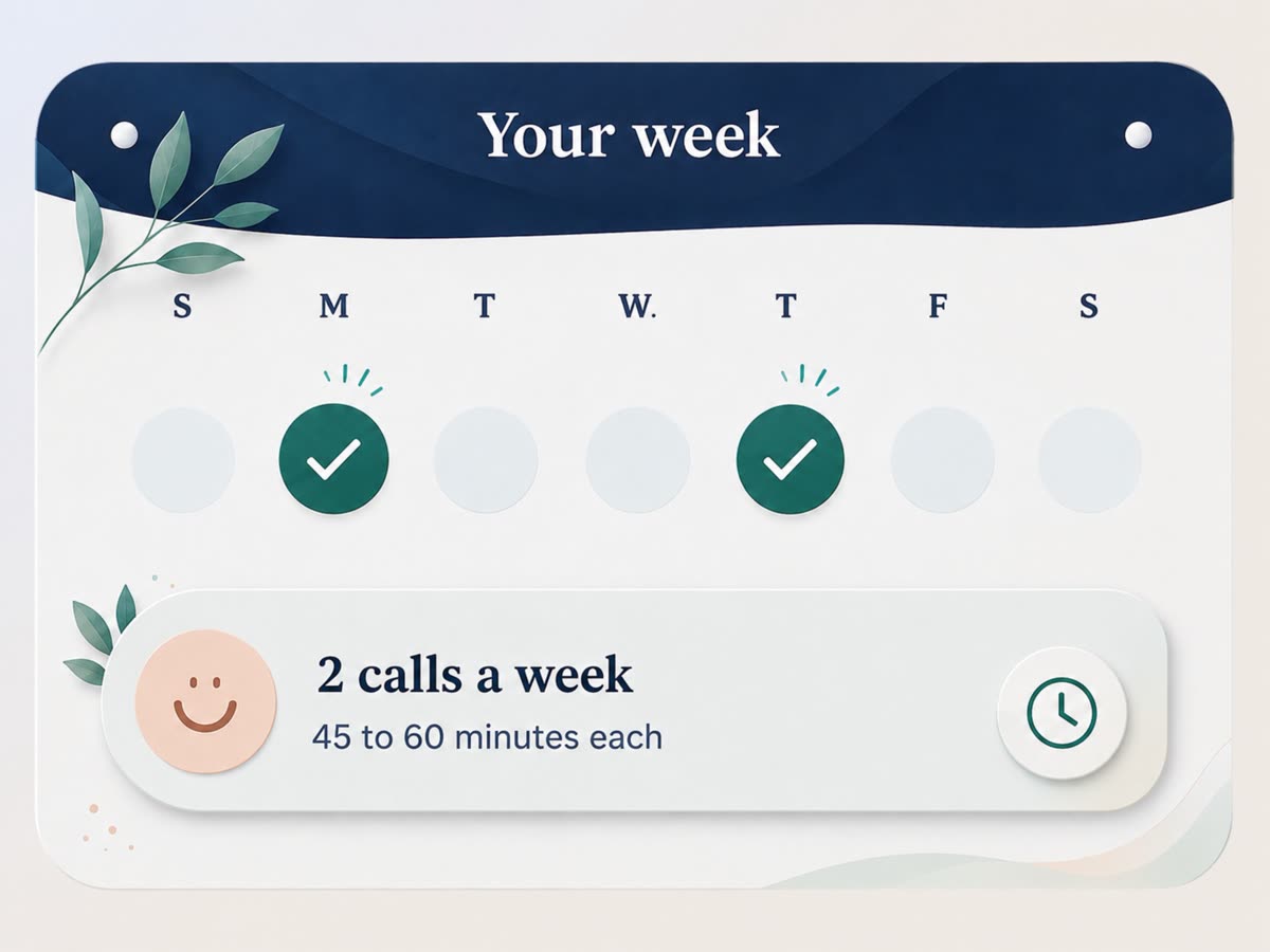 A weekly calendar highlighting the scheduled call days, two calls a week, 45 to 60 minutes each.