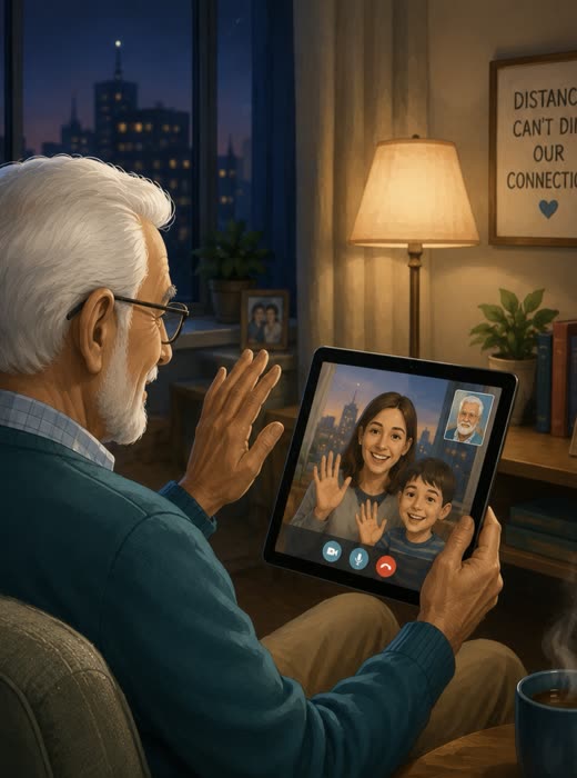 An adult child holding a tablet, video-calling her father who appears on the screen.