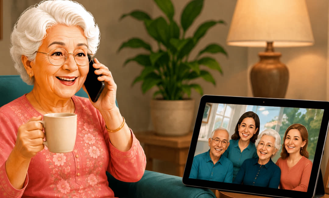 An older woman on a friendly call while her family smiles from a tablet, one companion, ten calls a month.
